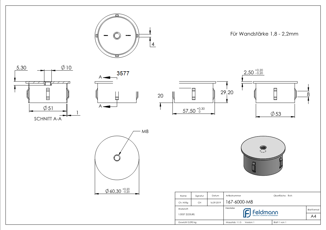 Stahlstopfen flach - mit M8 - fuer Ø 60-3 x 1-8-2-2 mm - Stahl S235JR- roh-3577