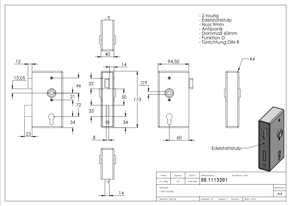 Anti-Panikschloss verzinkt 40x94-5x173 mm Durchgangsfunktion D DIN R-88.1113391