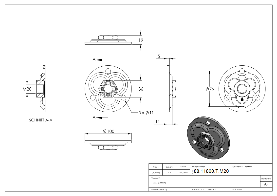 Verstellbare Mauerplatte fuer M20- verzinkt-88-11860-T.M20