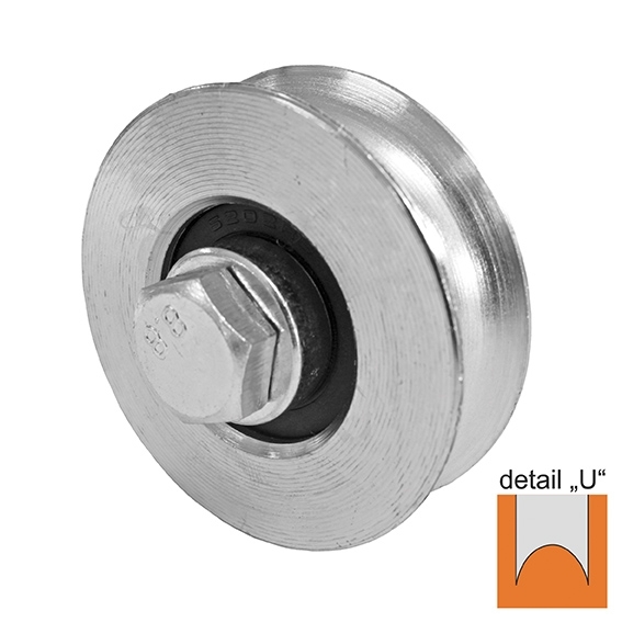 Schiebetorrolle Edelstahl V2A Ø 78 mm U-Profil R10 mit Lager und Stuetze-89-11H806U80R10-A.4