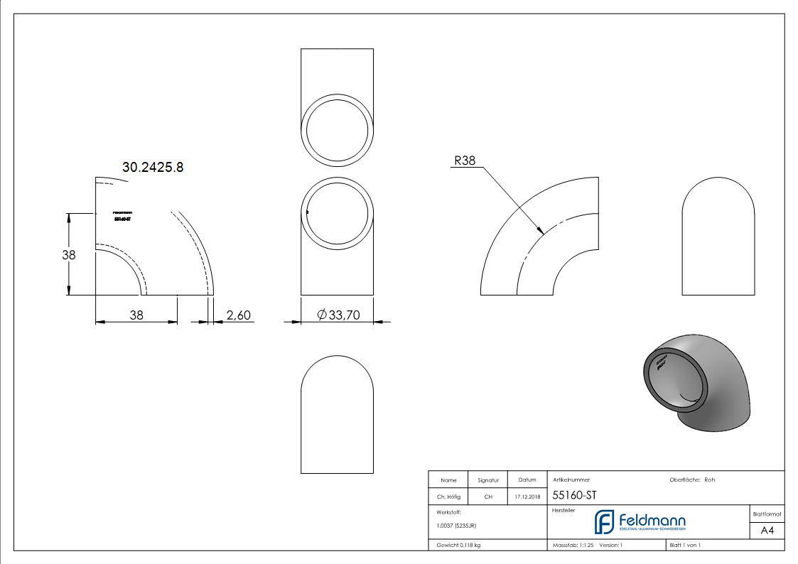 Rohrbogen 90° Stahl roh - 33-7 x 2-6 mm -1- - S235JR-30-2425.8