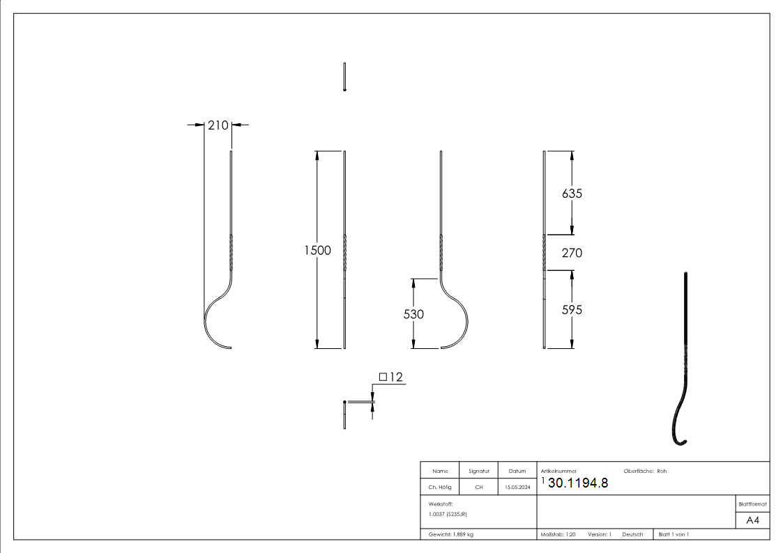Bauchstab Laenge- 1500 mm Material- 12x12 mm Stahl S235JR- roh-30-1194.8