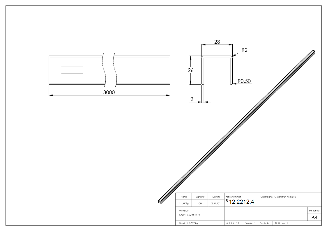 Kantenschutz - Masse- 28x26x2 mm - Laenge- 3000 mm - V2A-12-2212.4