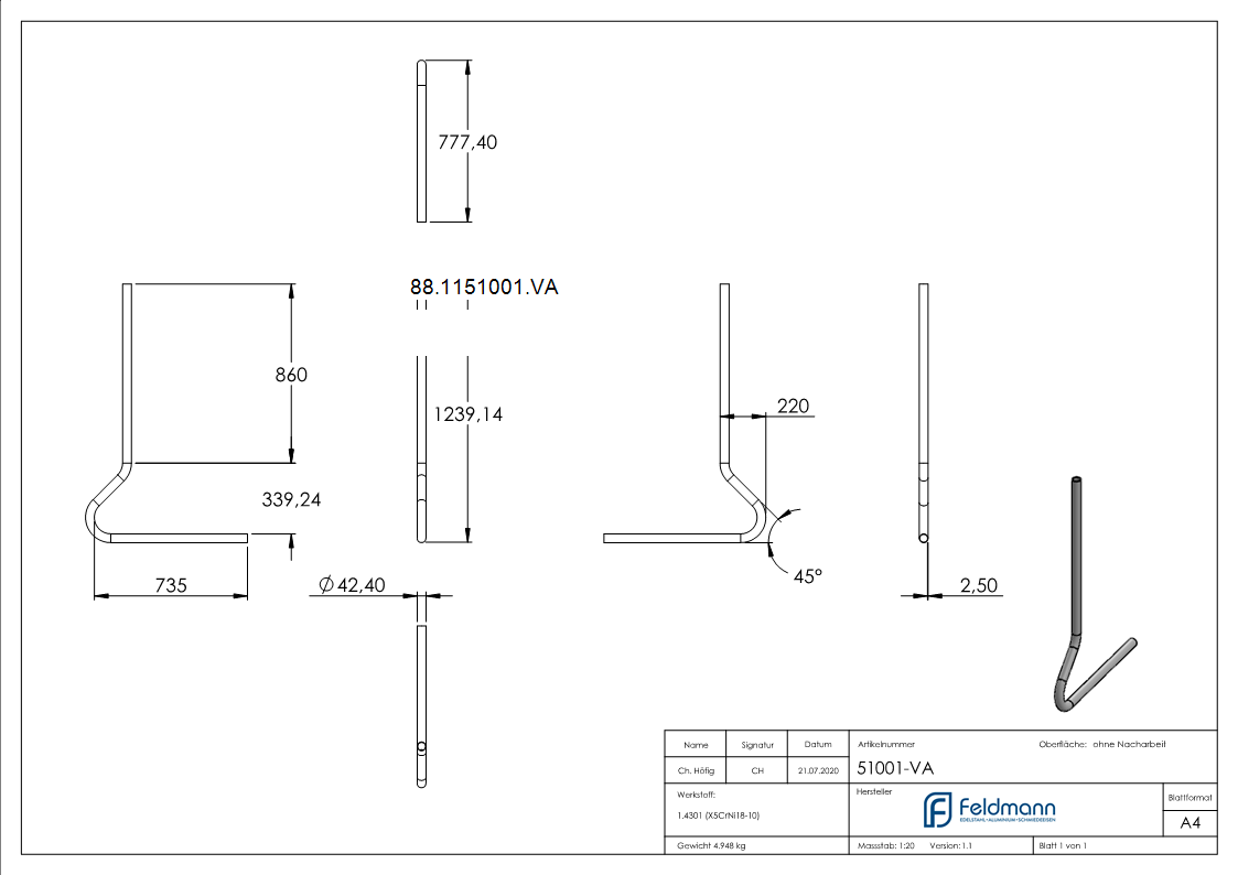 Pfosten gebogen- aus Rohr 42-4mm x 2-5mm- V2A-88-1151001.VA