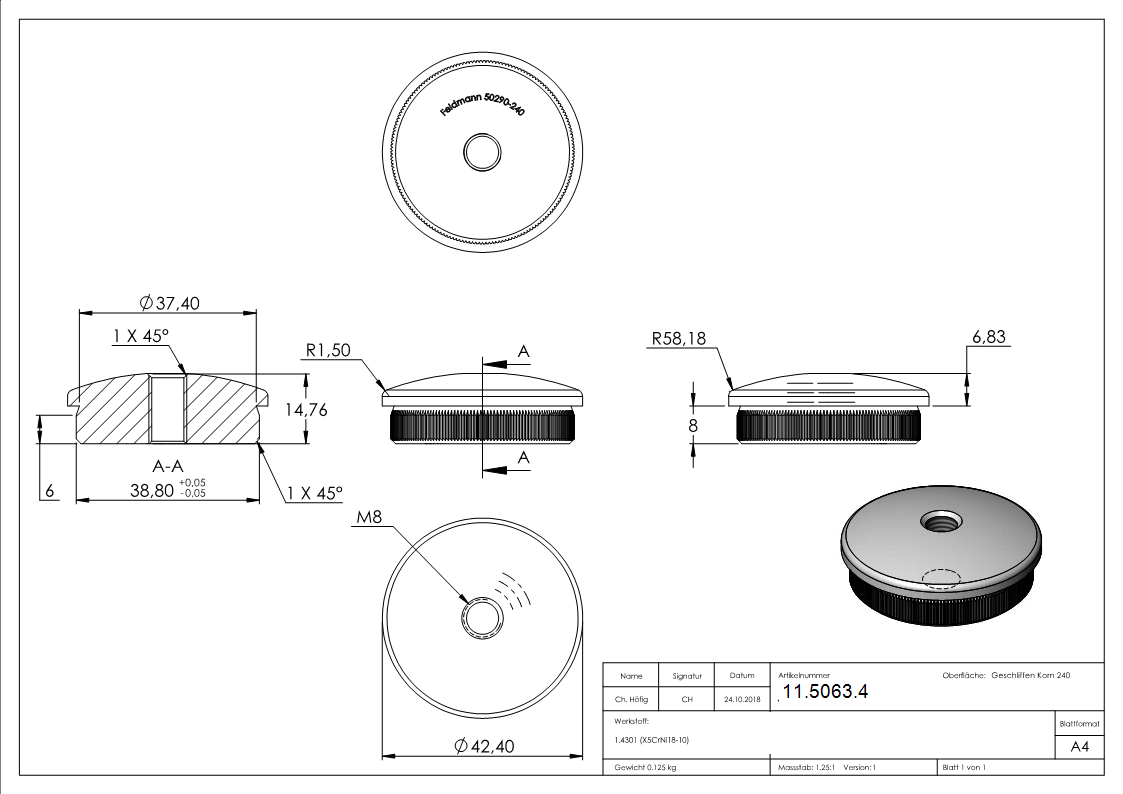 Endkappe Edelstahl V2A fuer Rohr Ø 42-4x2-0 mm- M8 Gewinde- gewoelbt- zum Einschlagen-11-5063.4