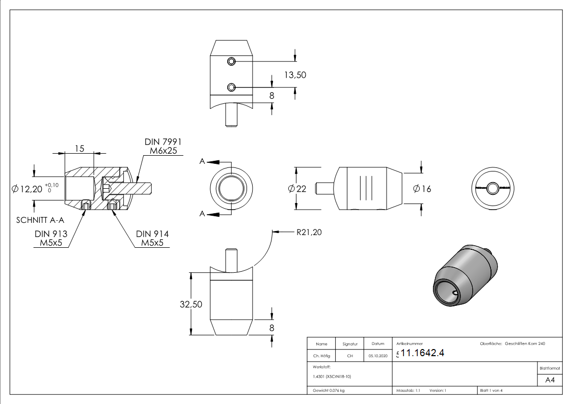Querstabhalter V2A Edelstahl – Stirnseitige Montage mit Sackloch 12-2 mm fuer Rohr Ø 42-4 mm inkl- Schrauben-11-1642.4