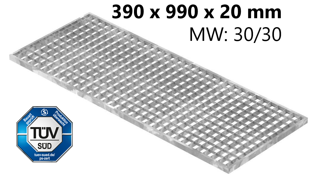 Lichtschachtrost Baunormrost - Masse-  390x990x20 mm 30-30 mm - aus S235JR -St37-2- im Vollbad feuerverzinkt-23-39993020.7