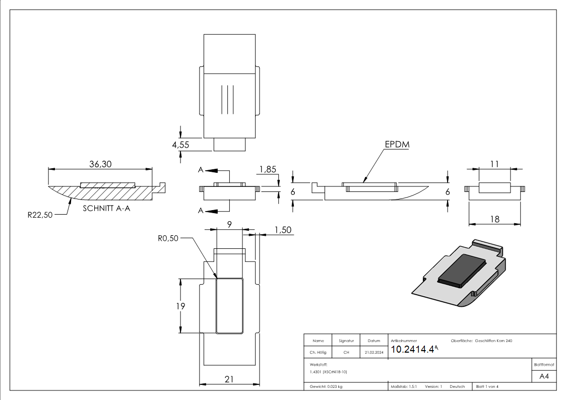 1 Sicherungsboden zu Glasklemme 63x45x30 mm AbZ V2A-10-2414.4
