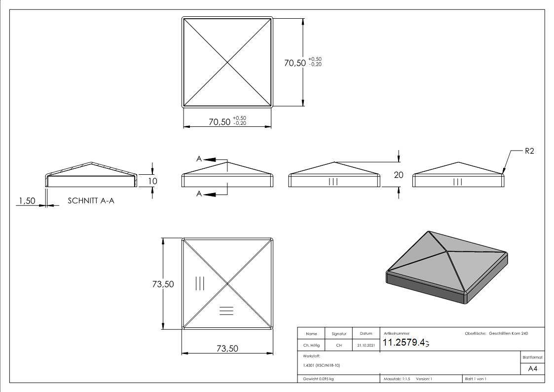 Pfostenkappe Edelstahl fuer Vierkantrohr- 70x70 mm geschliffen V2A-11-2579.4