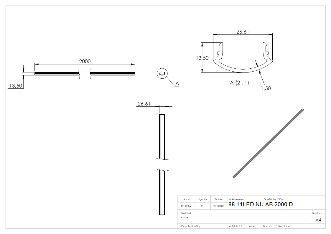 LED-Abdeckung PMMA fuer Ø 42-4 mm 2000 mm diffus-88-11LED-NU-AB-2000.D