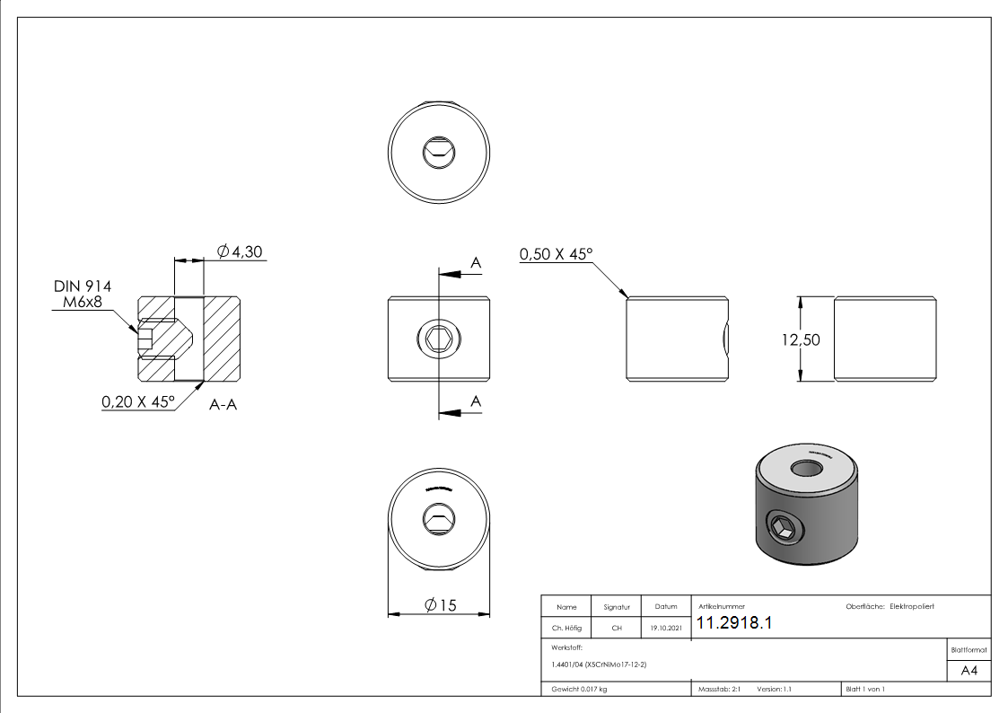 Rundklemme mit Madenschraube fuer Seil Ø 2-4 mm V4A-11-2918.1
