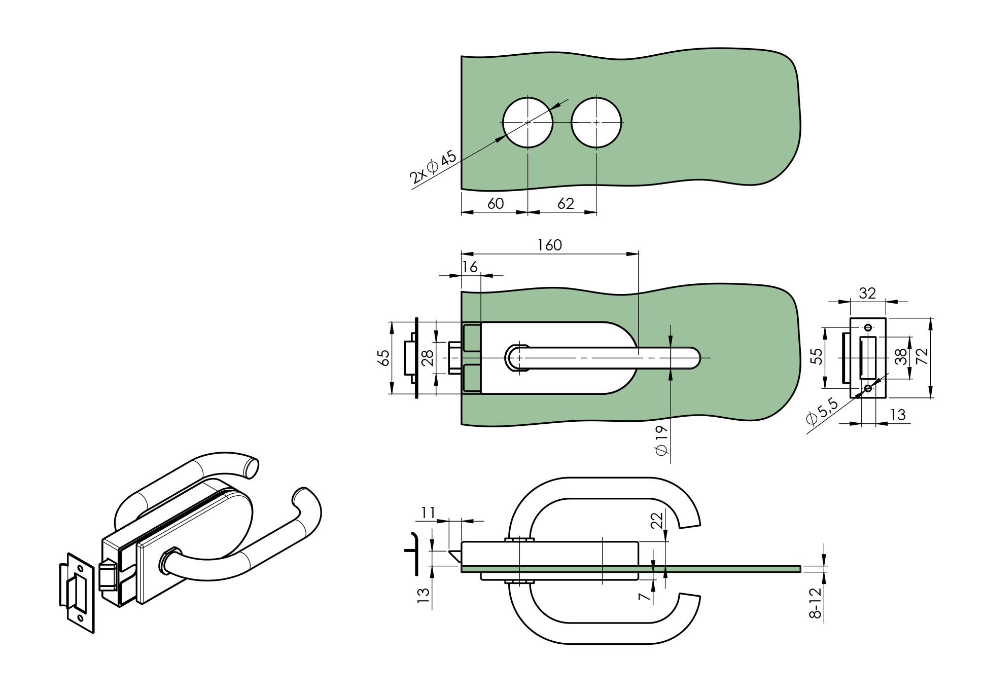 Edelstahl Glastuergriff mit Schloss fuer 8-10 mm Glas- geschliffen-89-11GS304D207HS-A.4