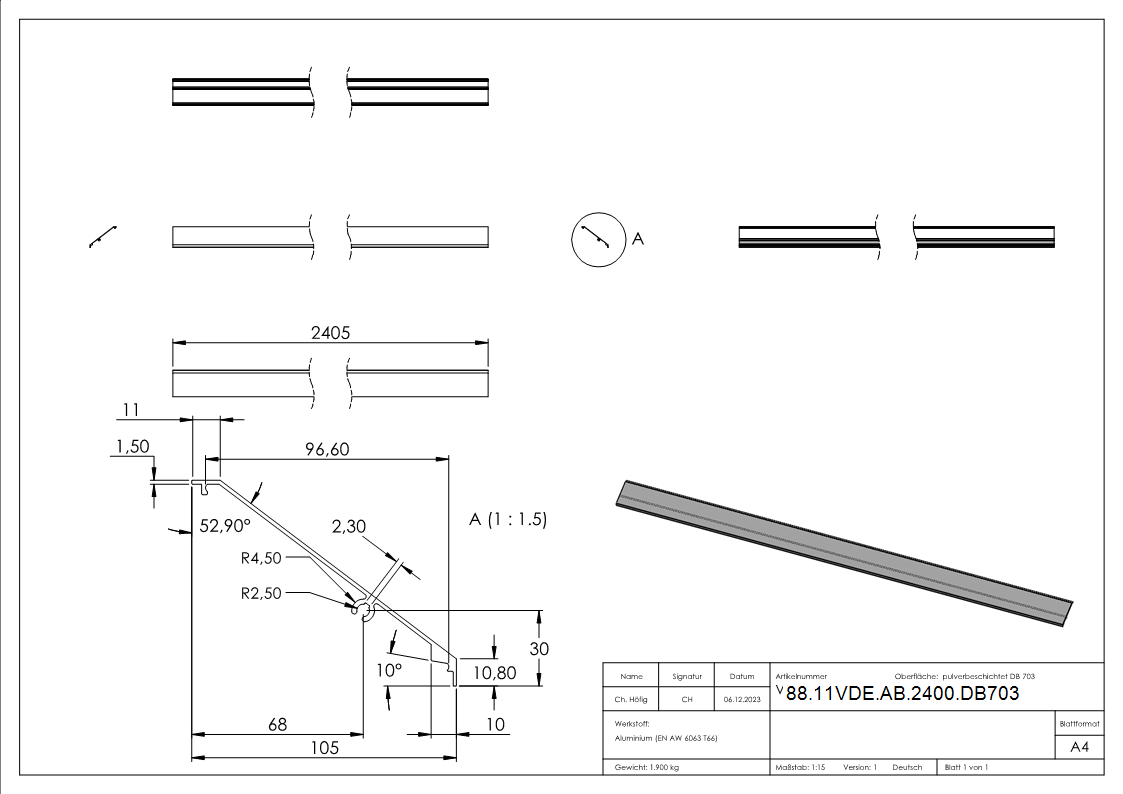 Design-Abdeckung fuer eleganza canopy- L- 2405mm- DB703-88-11VDE-AB-2400.DB703