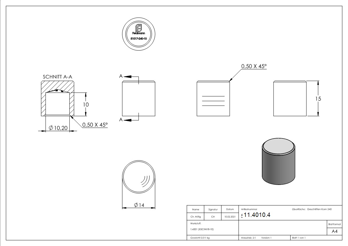 Endkappe fuer Rundmaterial Ø 10 mm flach zum Kleben V2A-11-4010.4