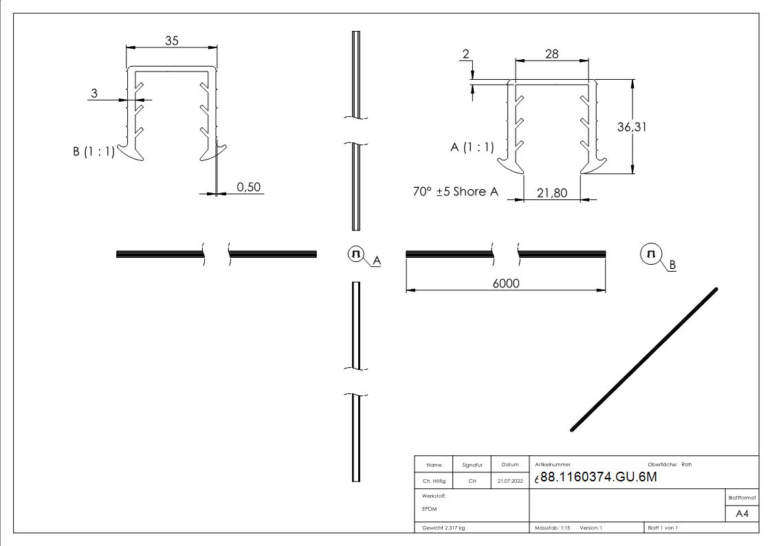 Keildichtung Glas 24-76 – 25-52mm- fuer Nut 34 x 34mm- Laenge 6m- EPDM-88-1160374-GU.6M