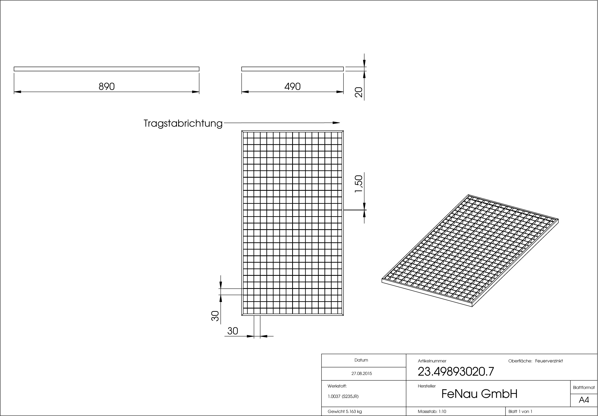Lichtschachtrost Baunormrost - Masse-  490x890x20 mm 30-30 mm - aus S235JR -St37-2- im Vollbad feuerverzinkt-23-49893020.7