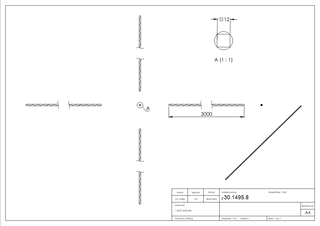 Vierkanteisen gedreht - Material- 12x12 mm - Laenge- 3000 mm - Stahl -Roh- S235JR-30-1495.8