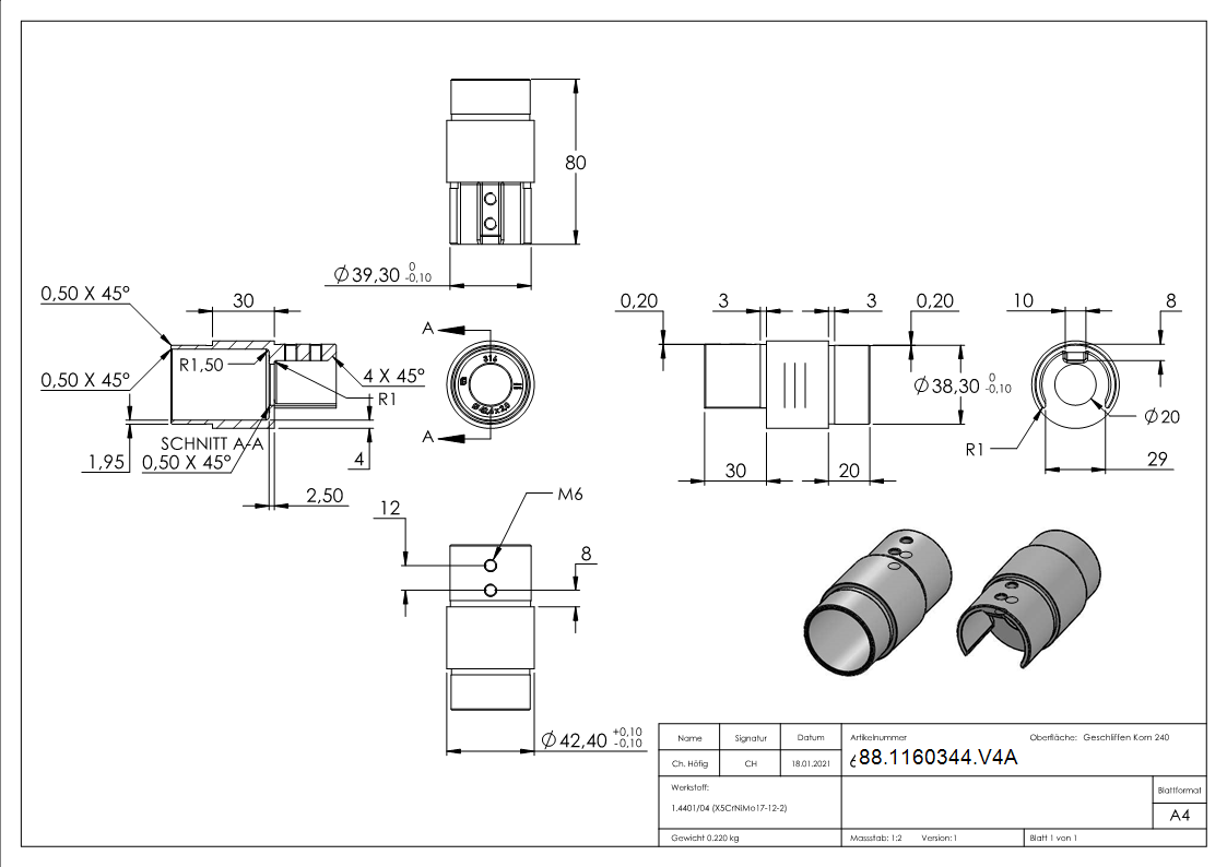 Verbinder fuer Nutrohr 42-4 x 1-5mm-  V4A-88-1160344.V4A