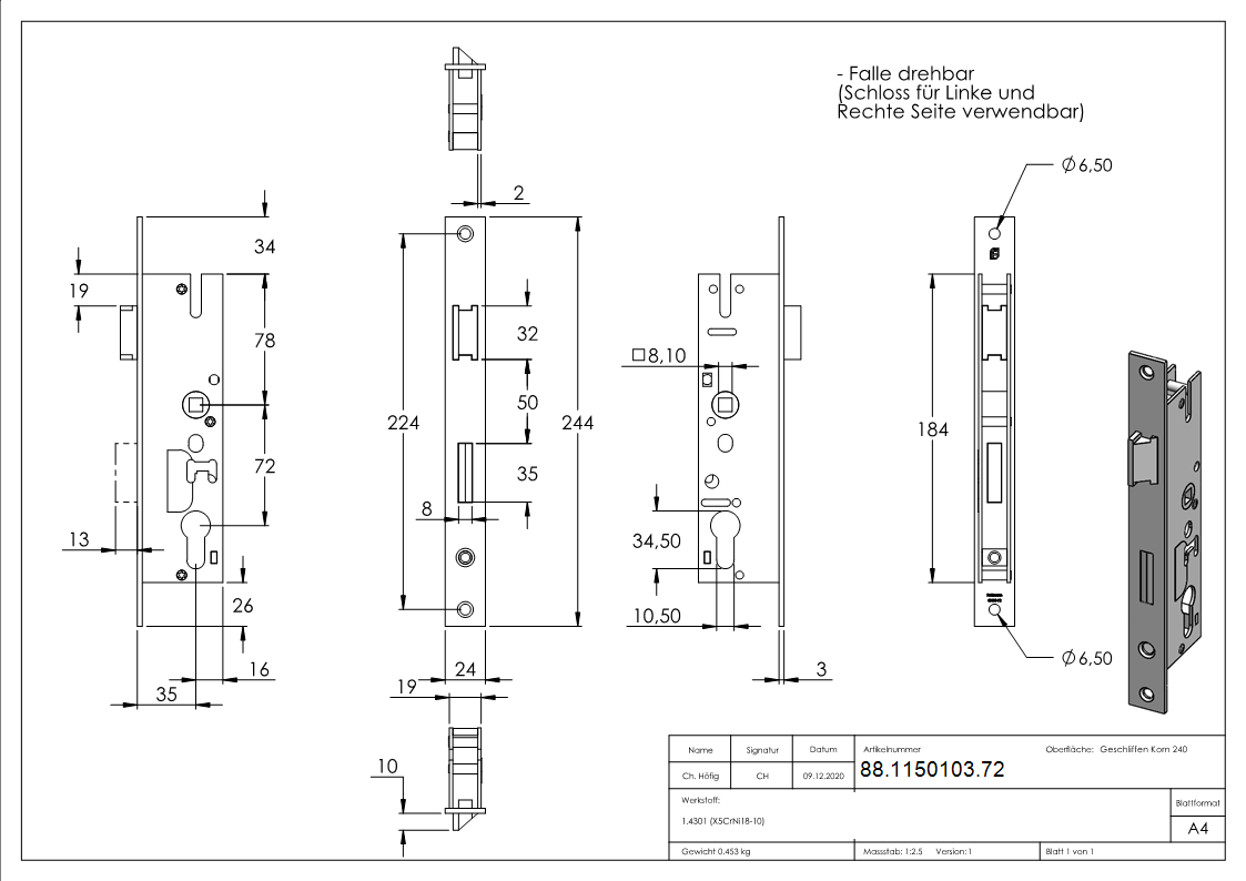 Einsteckschloss verzinkt- Edelstahl Stulpe- Abstand 72 mm- Dornmass 35 mm-88-1150103.72