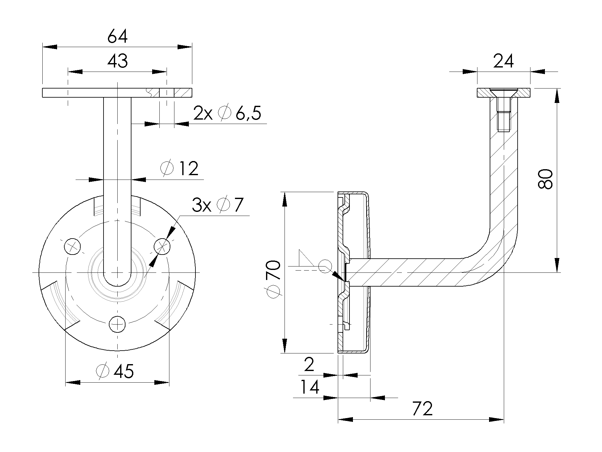 Handlaufhalter Edelstahl AISI 304 fuer flachen Handlauf Wandmontage Schliff-89-11A0117000B-A.4