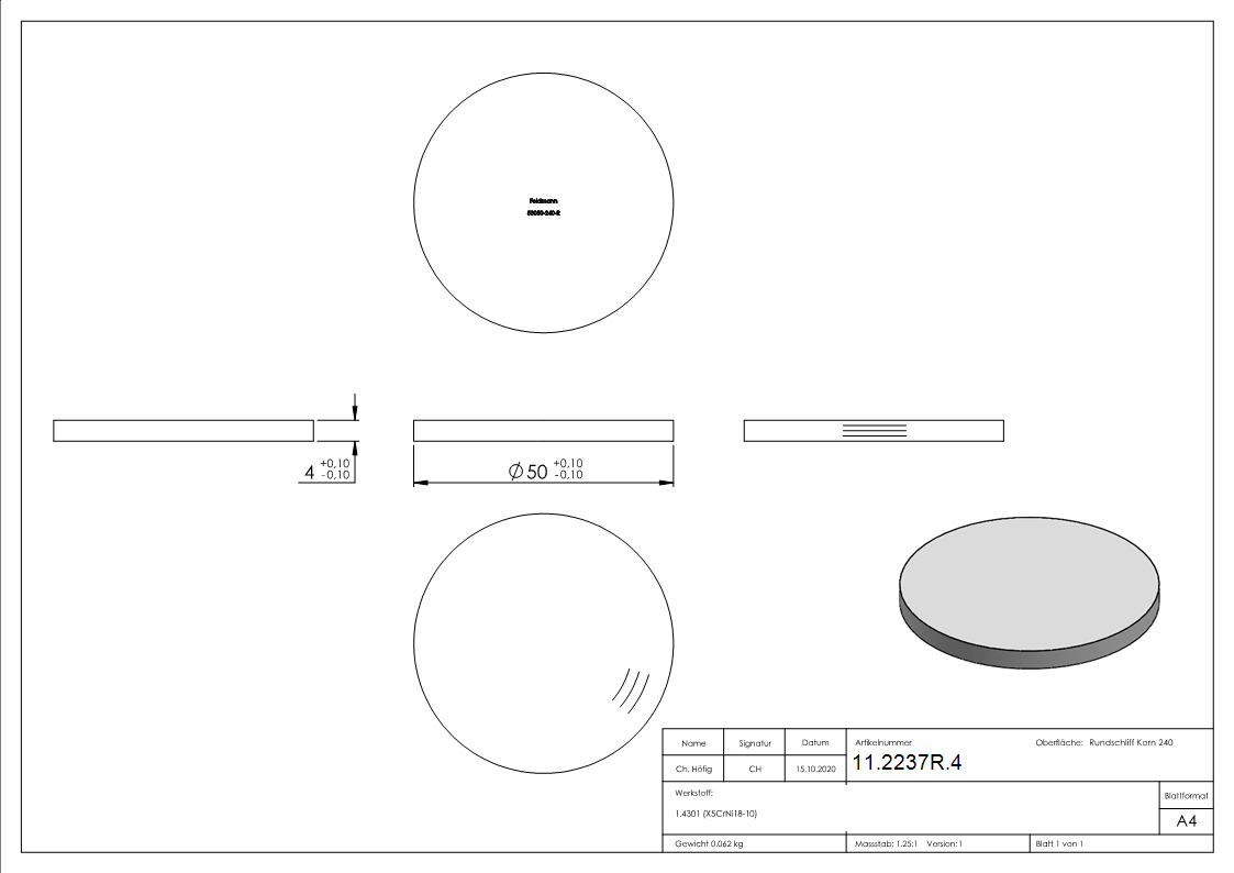 Ronde - Masse- Ø 50x4 mm - - V2A mit Rundschliff-11-2237R.4