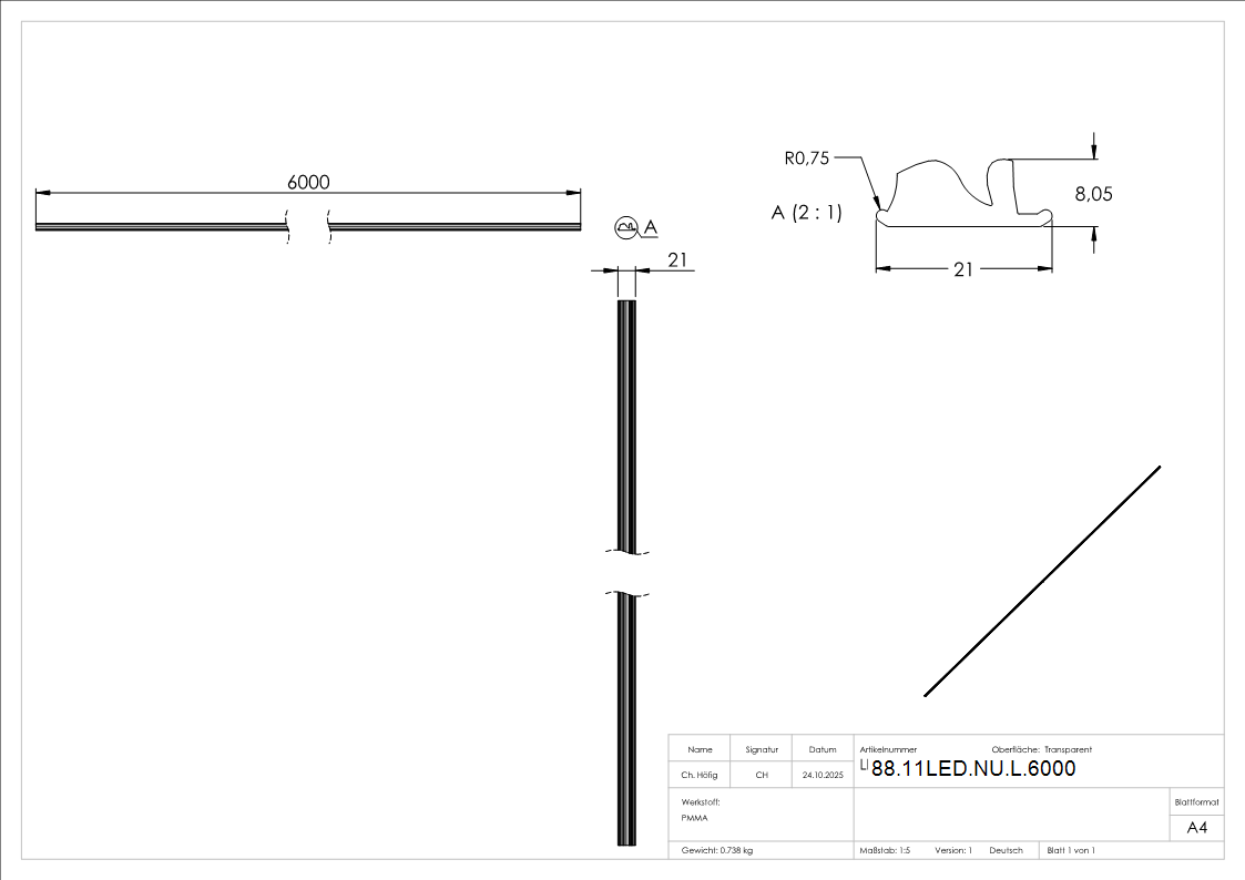 LED Linse PMMA 6000 mm fuer Nutrohr 42-4 mm- gerichtetes Licht-88-11LED-NU-L.6000