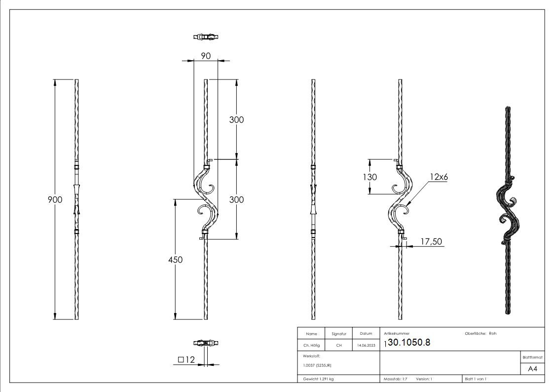 Zierstab - Laenge- 900 mm - Material- 12x12 mm - gehaemmert - Stahl -Roh- S235JR-30-1050.8