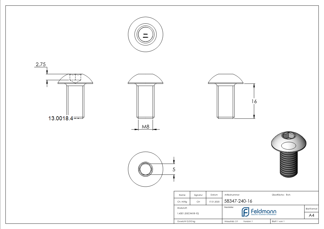 Rundkopfschraube M8x16 mm V2A-13-0018.4