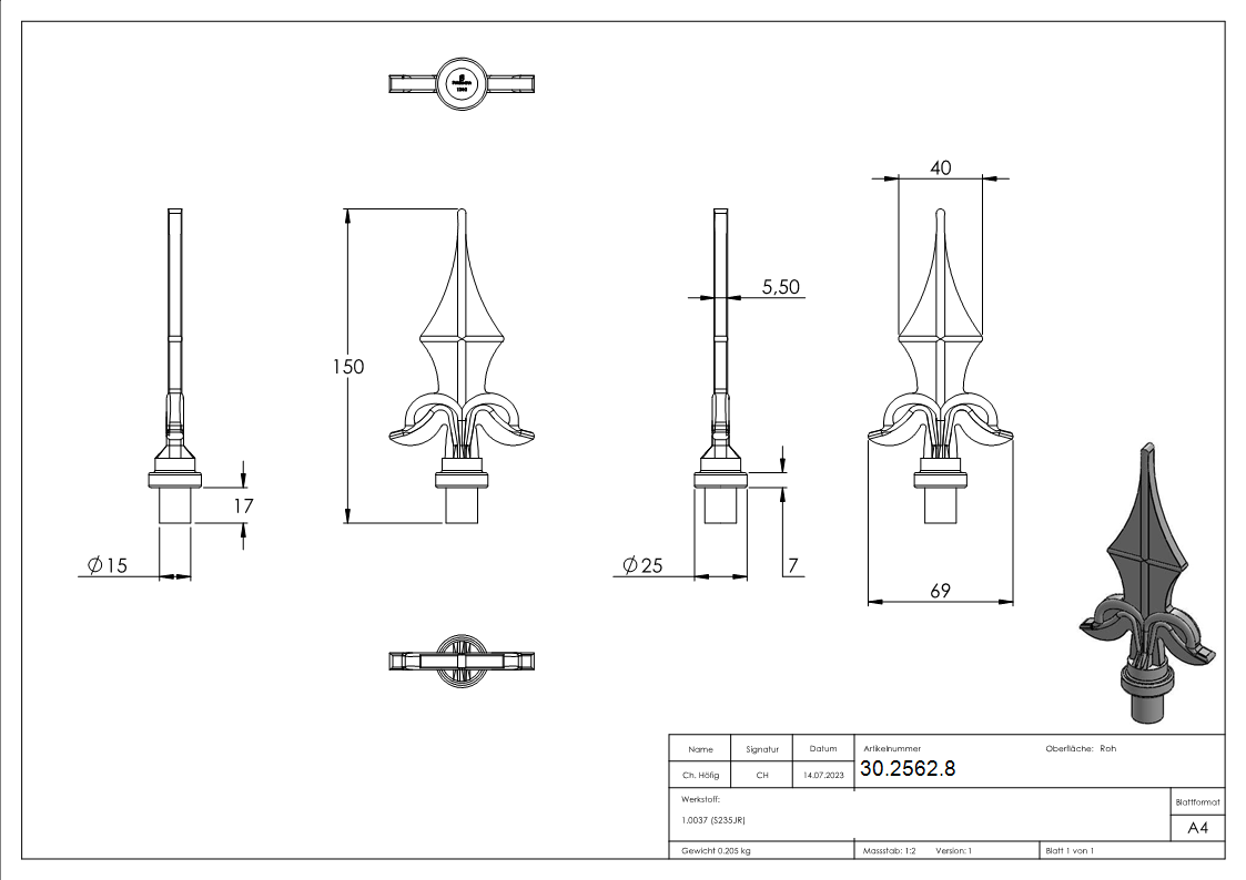 Zaunspitze - Hoehe- 160 mm - Material- Ø 15 mm - Stahl S235JR- roh-30-2562.8