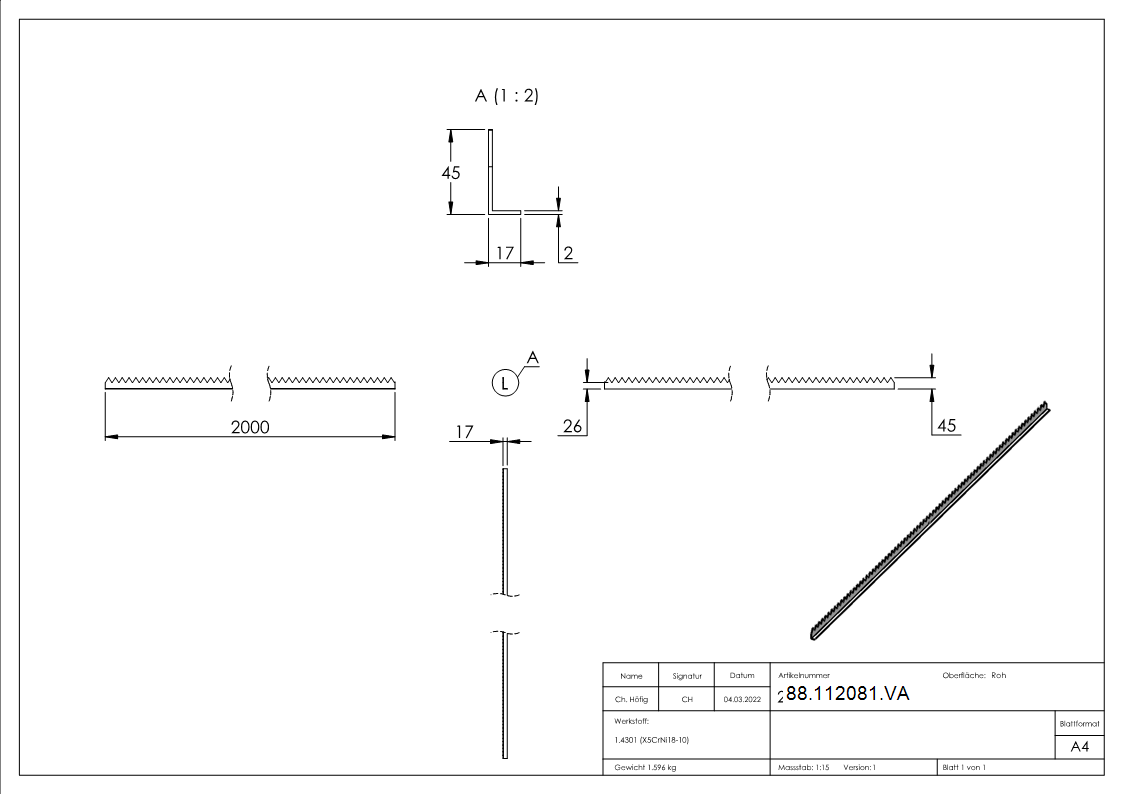Zackenleiste Edelstahl ungeschliffen- L- 2000 mm-88-112081.VA