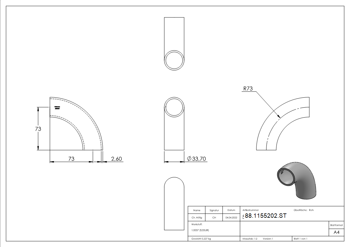 Rohrbogen 90° Stahl roh - 33-7 x 2-6 mm -1- - Bauart 5-88-1155202.ST