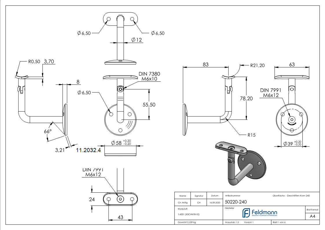 Handlaufhalter V2A Rohr 42-4 mm Ronde 58x4 mm mit Gelenk verschraubt-11-2032.4
