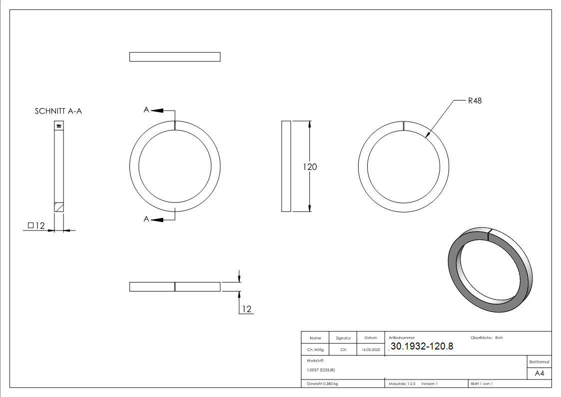 Ring - Material- 12x12 mm - Aussen-Ø 120 mm - Stahl S235JR- roh-30-1932-120.8