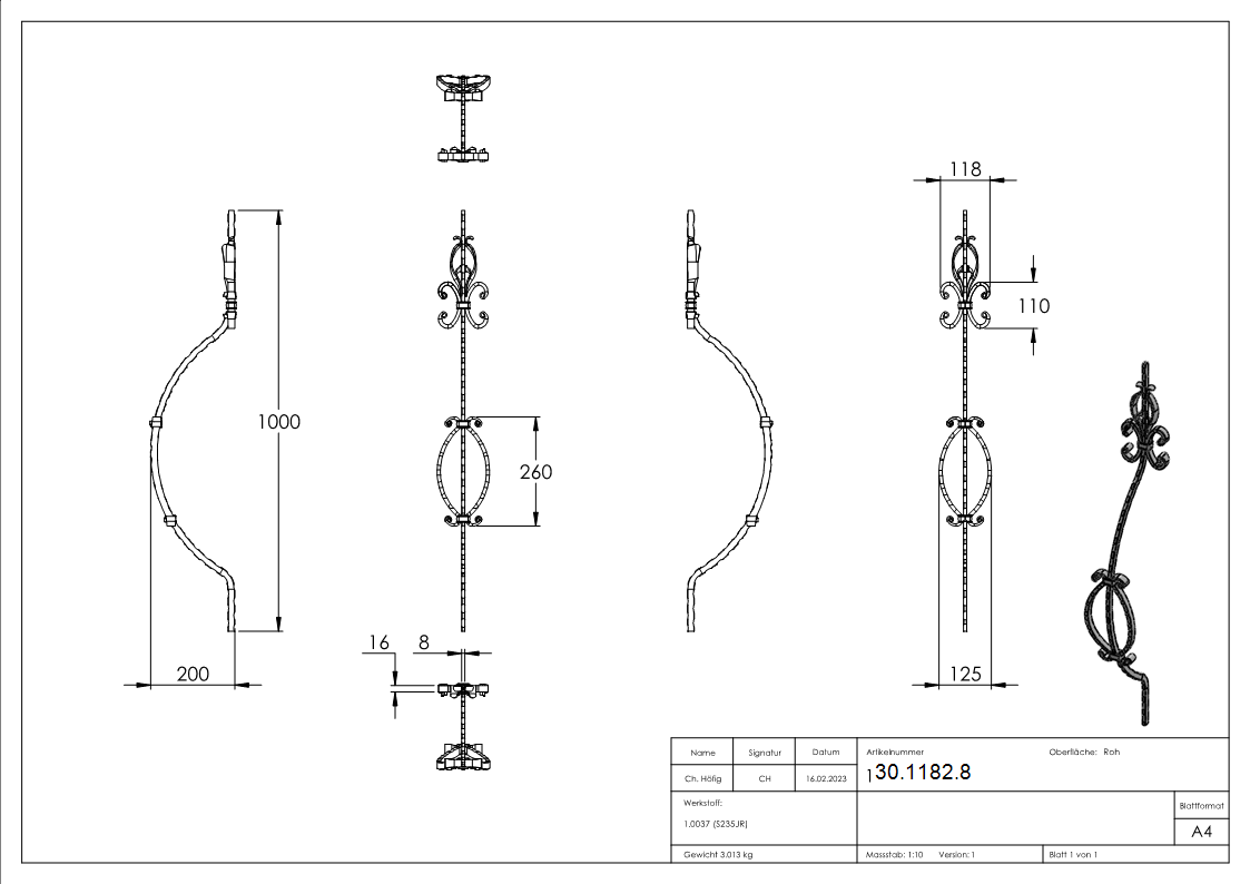 Bauchstab - Laenge- 1000 mm - Material- 16x8 mm - Stahl S235JR- roh-30-1182.8
