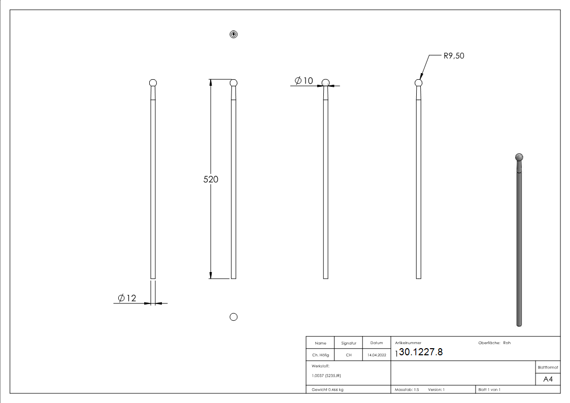 Zaunstab - Laenge- 520 mm - Material Ø 12 mm - Kugel Ø 19 mm - Stahl S235JR- roh-30-1227.8