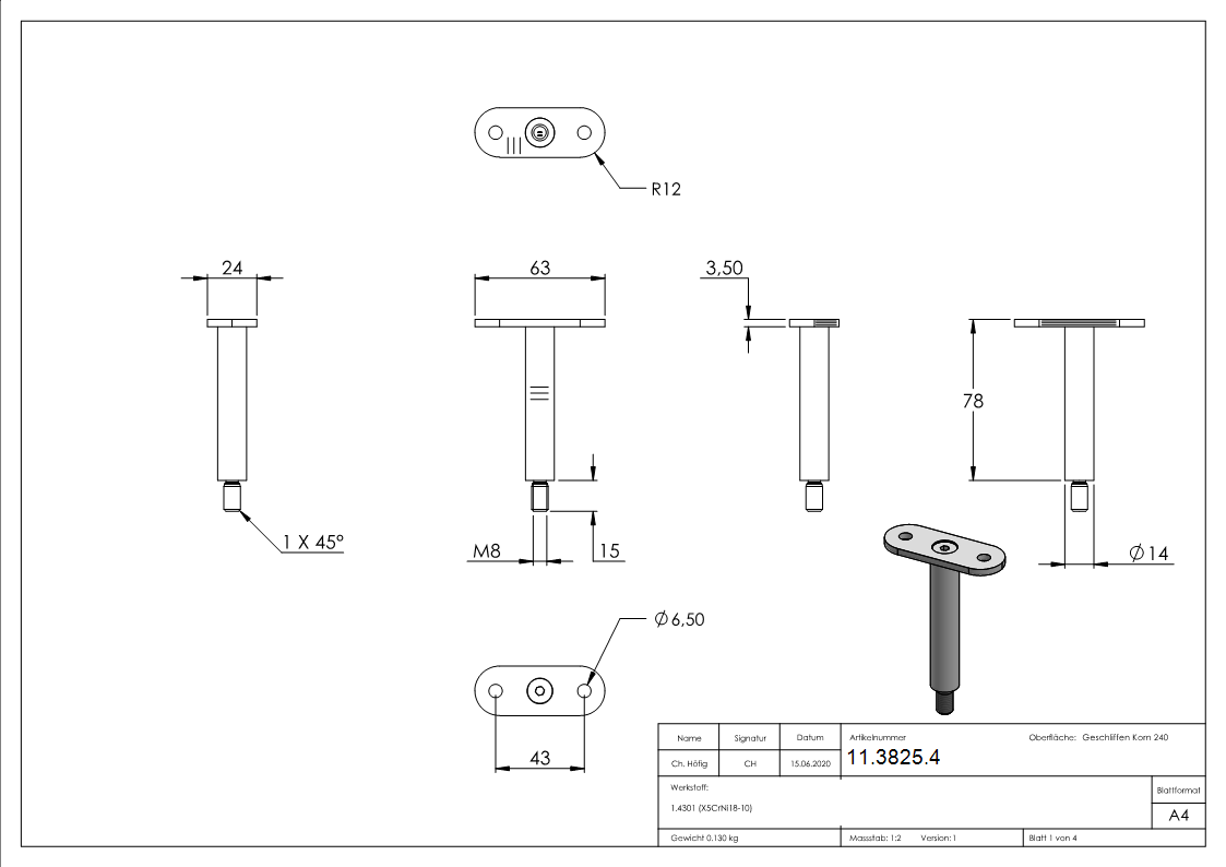 Edelstahl Traegerstift Ø 14 mm mit Halteplatte Anschluss- flach - Aussengewinde M8 - V2A-11-3825.4