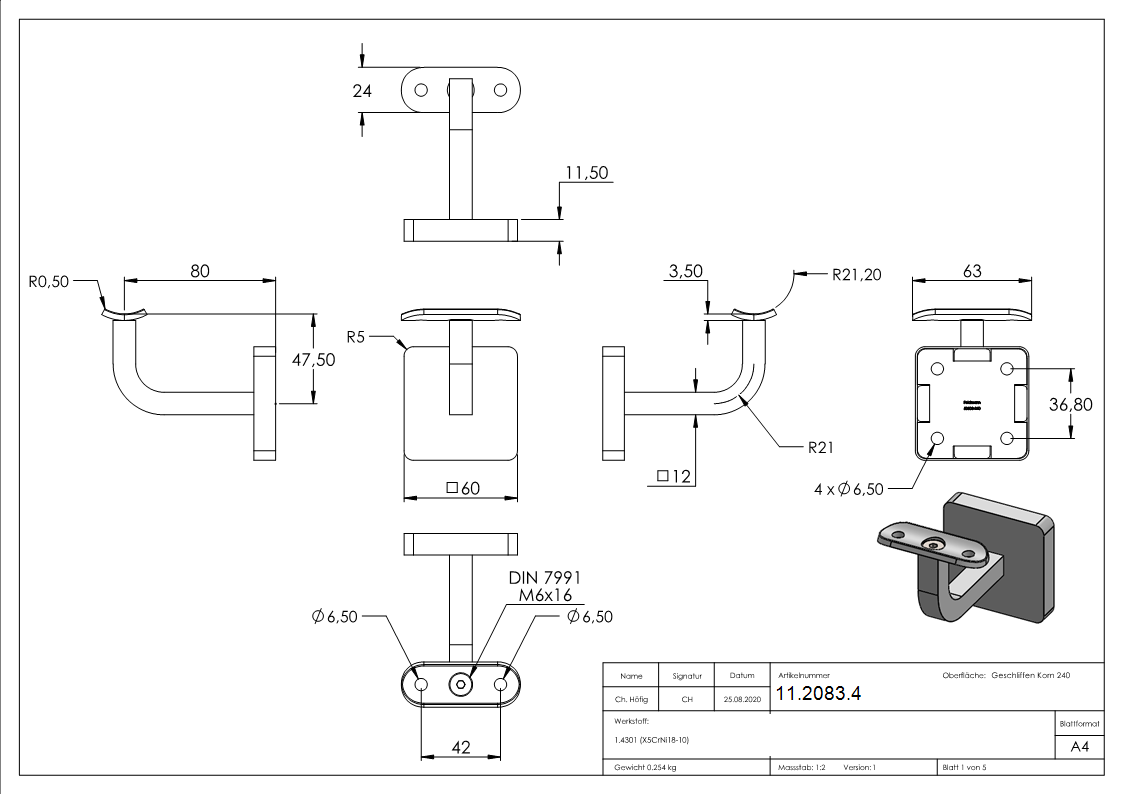 Handlaufhalter mit Cliprosette und Halteplatte fuer Ø 42-4 mm V2A-11-2083.4