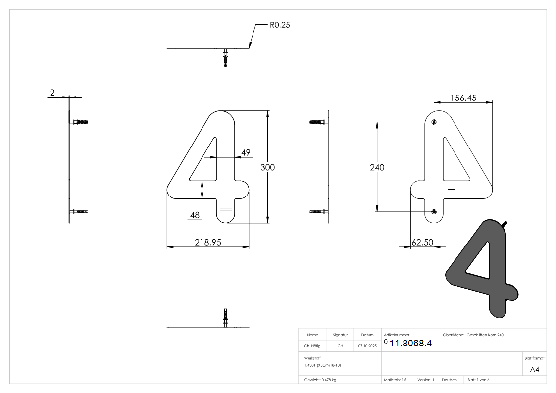 Hausnummer 4 - gross - Masse- 200 mm x 300 mm - V2A-11-8068.4