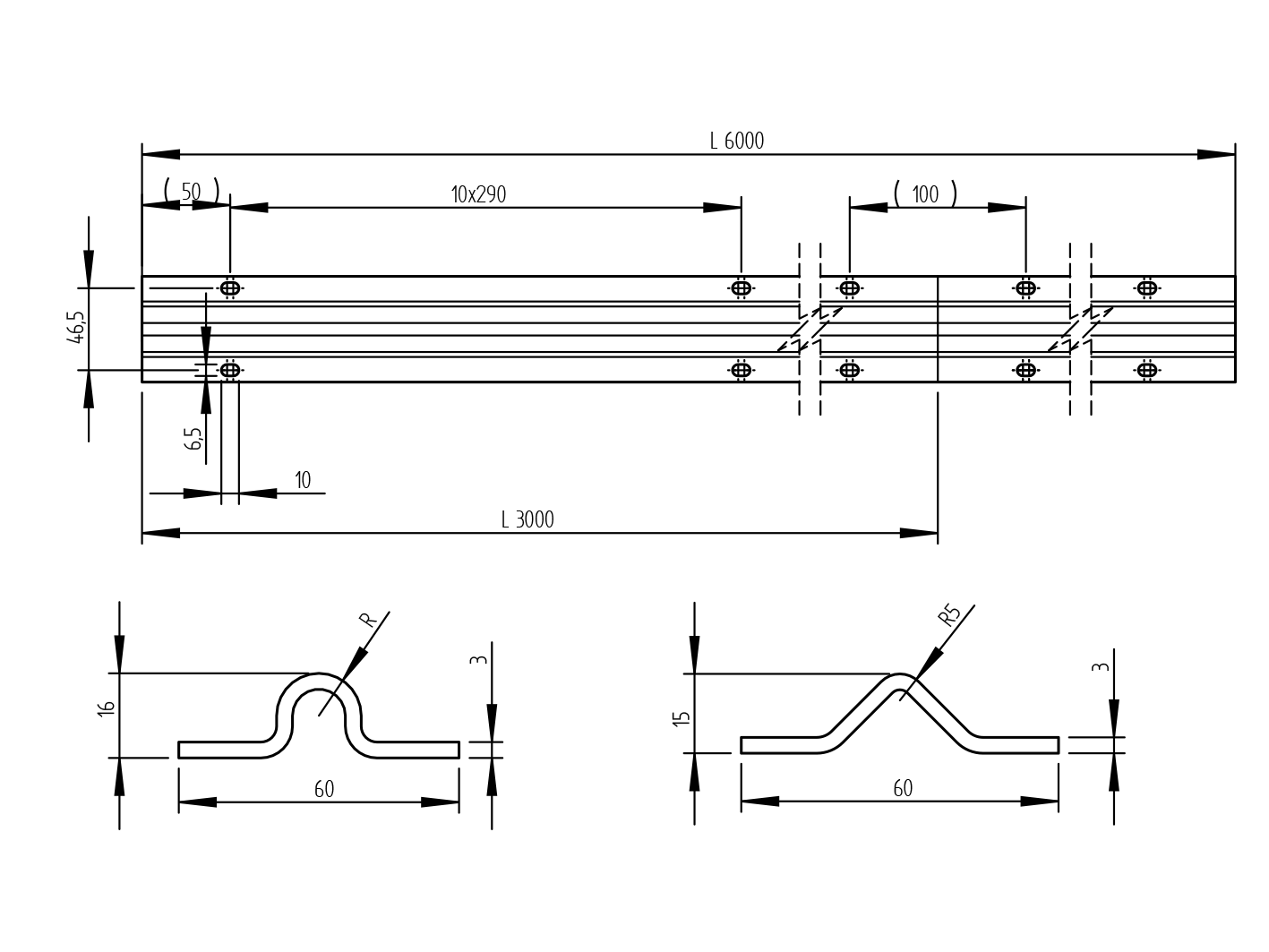 Bodenlaufschiene Stahl verzinkt 60x16x3-0 mm L=6000 mm U-Rille R8-89-11H39U6000-A.4