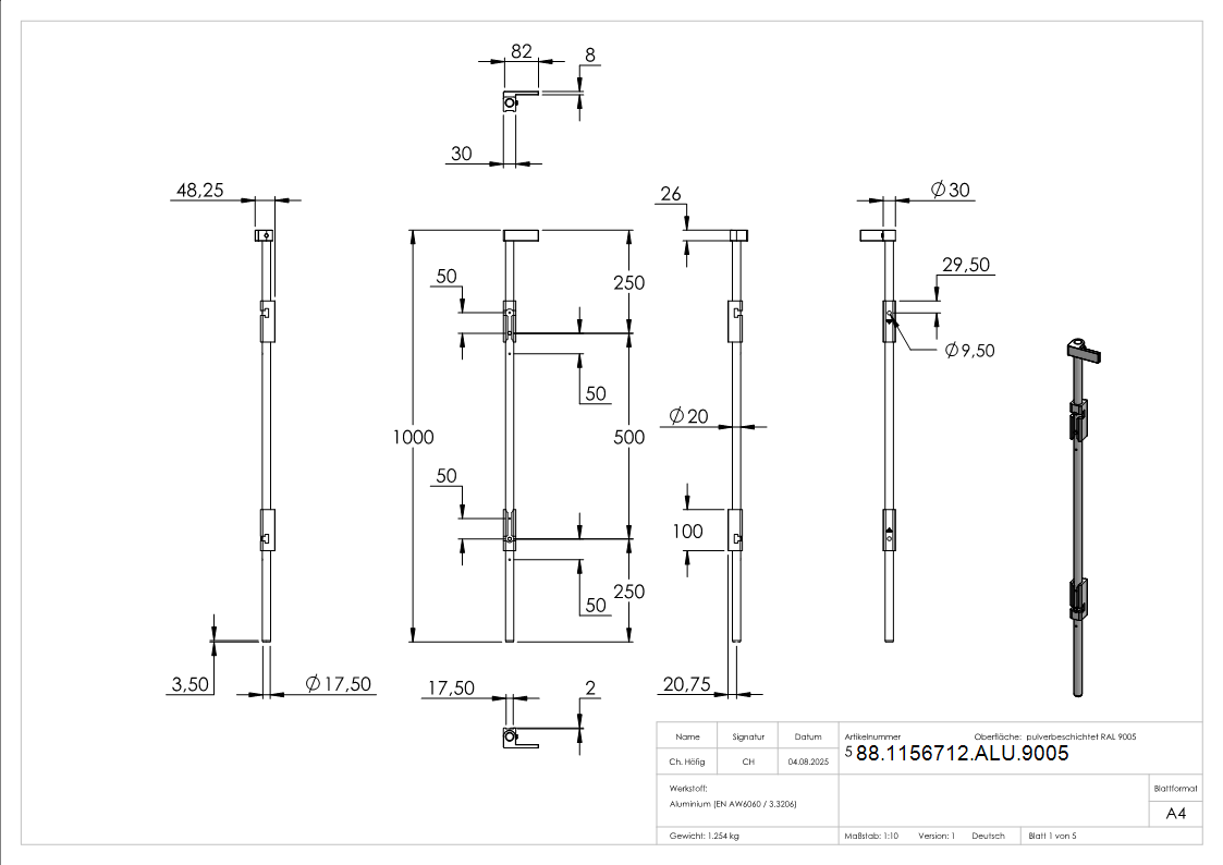Bodenriegel XL mit zwei Befestigungen- Laenge 1000mm- zum Anschrauben- RAL 9005 schwarz-88-1156712-ALU.9005