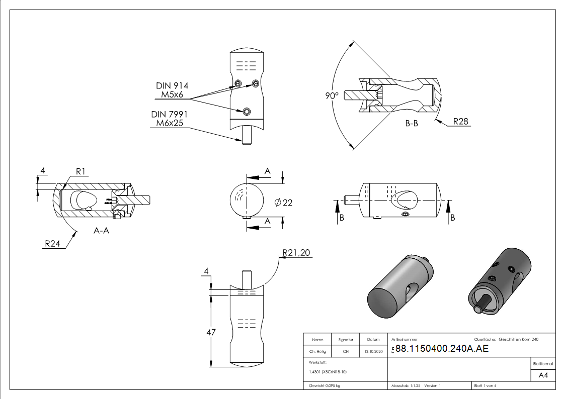 Querstabhalter Edelstahl V2A fuer Rohr Ø 42-4 mm- Bohrung Ø 12-2 mm- 90° Aussenecke-88-1150400-240A.AE