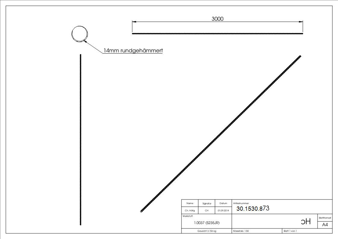 Rundeisen spindelfoermig geschmiedet Ø 14 mm Laenge- 3000 mm Stahl -Roh- S235JR-30-1530.8