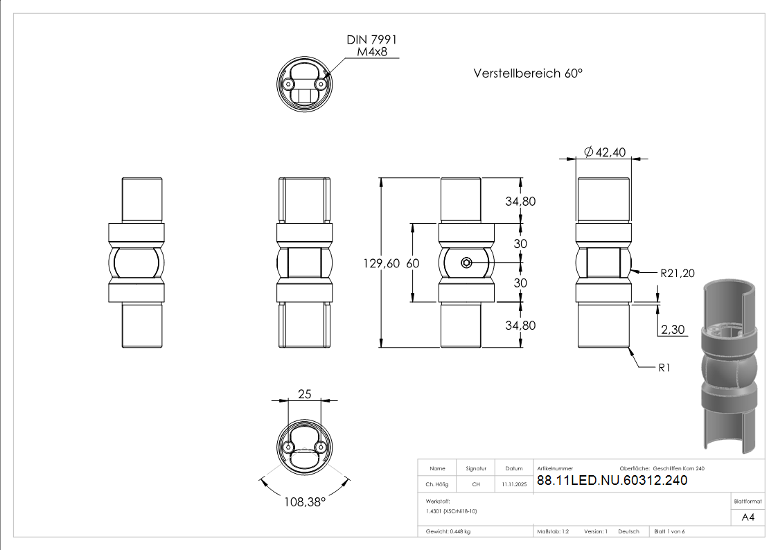 Gelenkverbinder V2A Ø 42-4 mm fuer LED-Nutrohr 120-180° schwenkbar-88-11LED-NU-60312.240