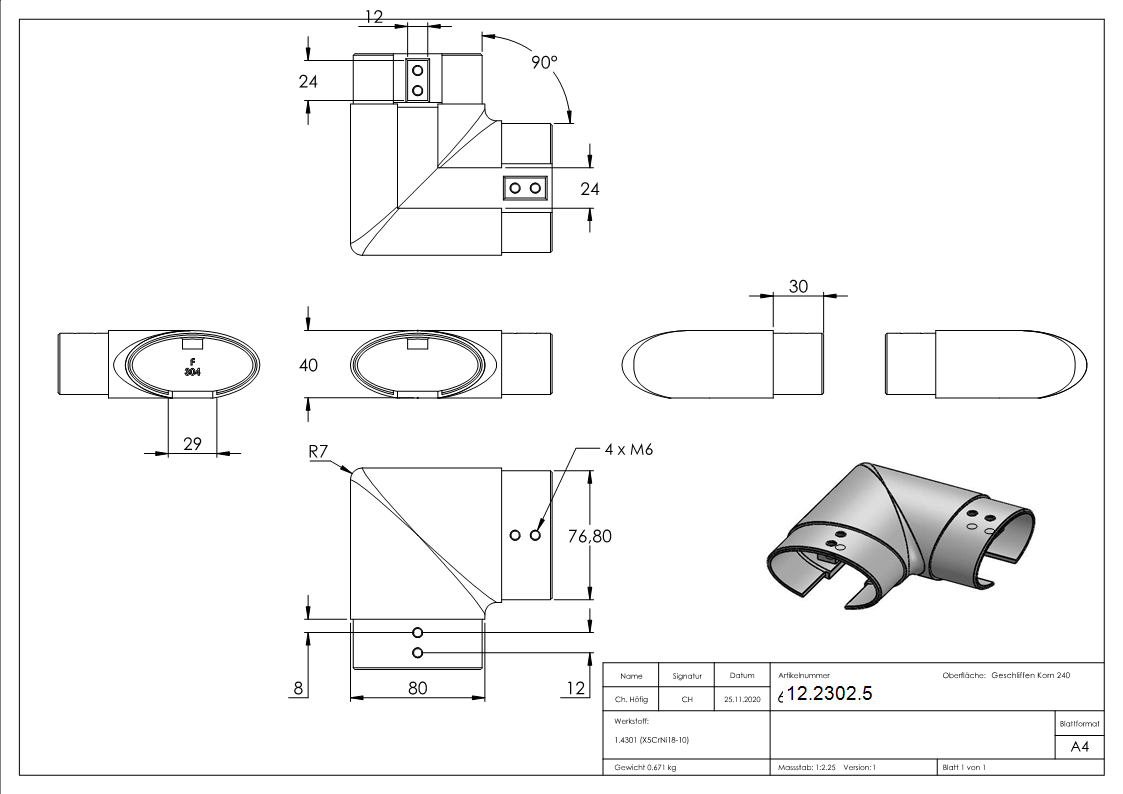 Verlaufsecke 90° - fuer Oval-Nutrohr- 80x40x1-5 mm - V2A-12-2302.5