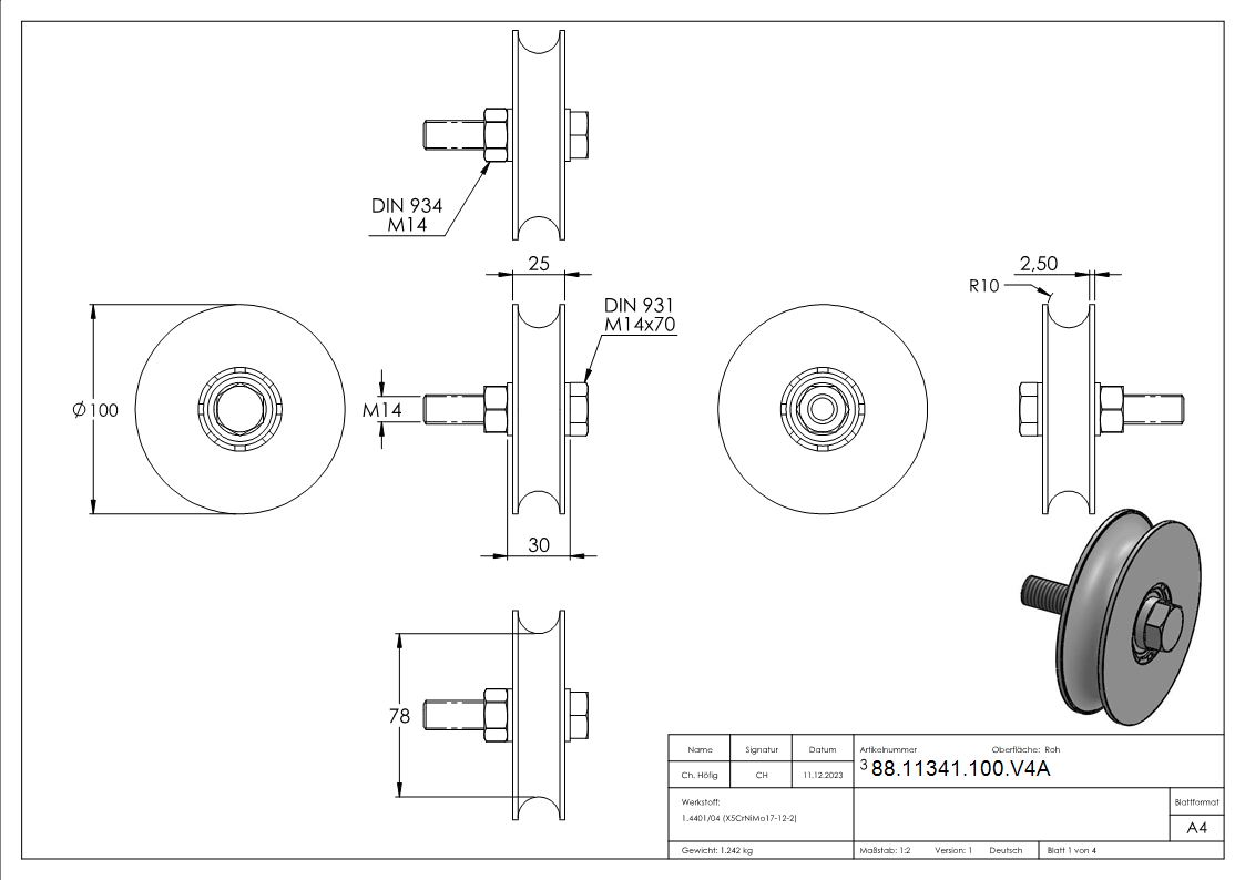 Schiebetorrolle Edelstahl V4A  100 mm Rundrille  20 mm 2 Kugellager-88-11341-100.V4A
