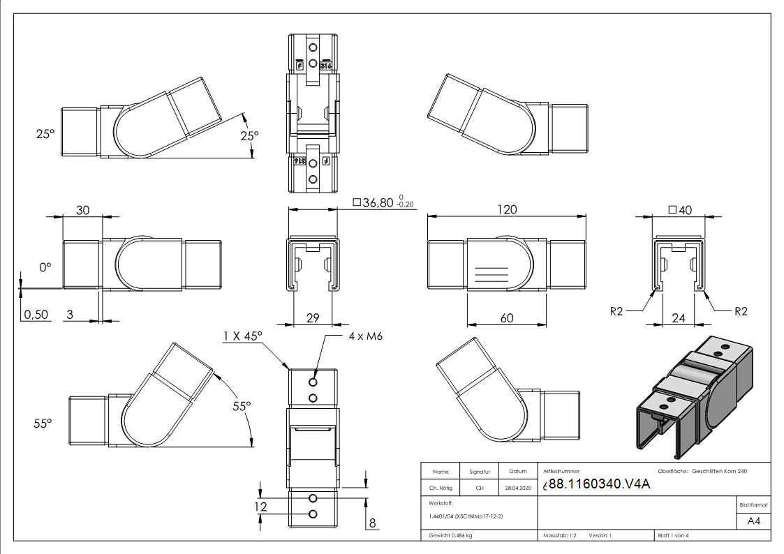 flex- Verbinder- Nutrohr 40x40mm- aufwaerts 25-55°-88-1160340.V4A