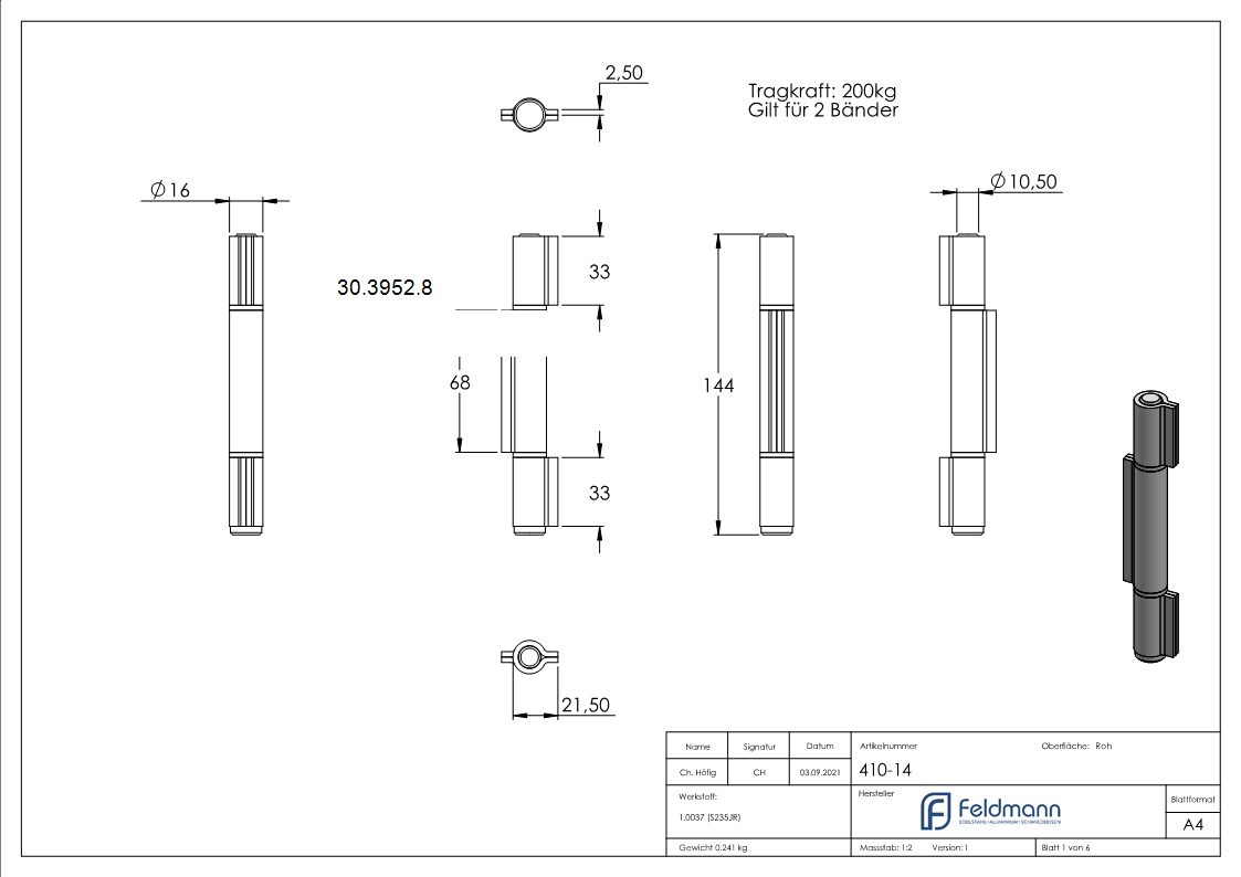 Anschweissband - 3-teilig - Tragkraft- 200kg - Stahl S235JR- roh-30-3952.8