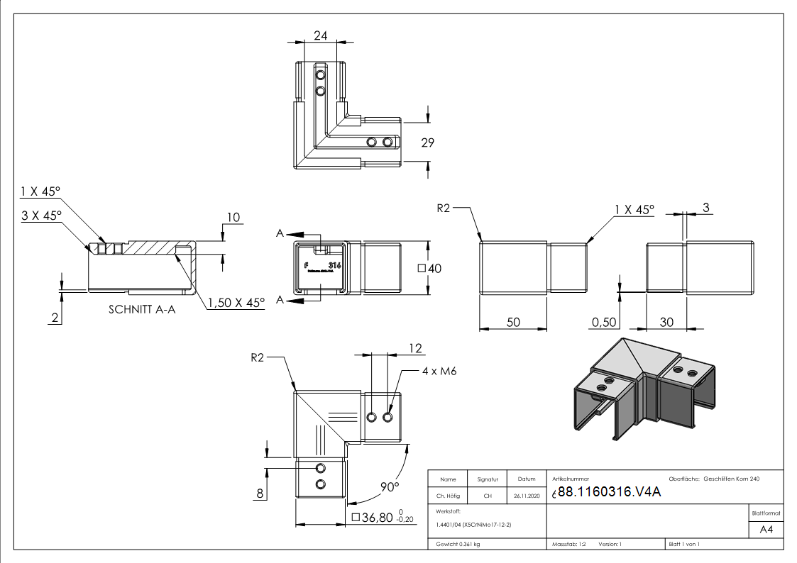 Eckbogen- horizontal- fuer Nutrohr 40 x 40mm- V4A-88-1160316.V4A