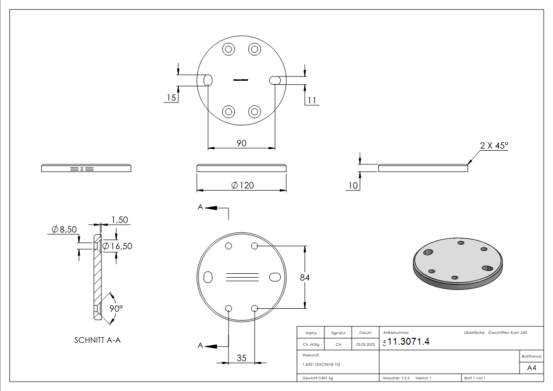 Ankerplatte Ø 120 mm fuer Spannring V2A-11-3071.4