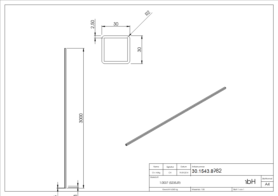 Quadratrohr gehaemmert 30x30x2-5 mm 3000 mm Stahl S235JR- roh-30-1543.8